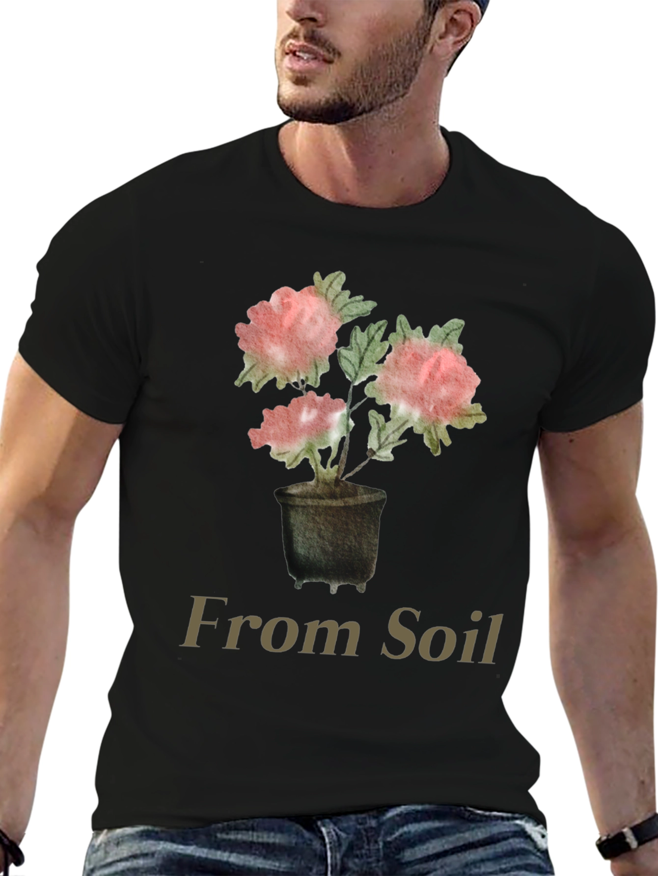 From Soil Black T-Shirt with Flower Pot Design