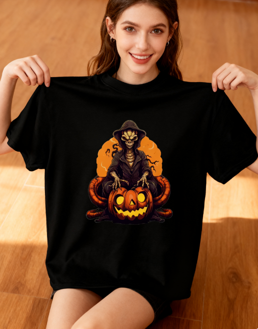 Halloween Skeleton Pumpkin Graphic T-Shirt - 100% Cotton, Versatile for Halloween & Casual Occasions. With a one-of-a-kind skeleton and pumpkin design you won't find anywhere else, get ready to be the star of the haunted night!