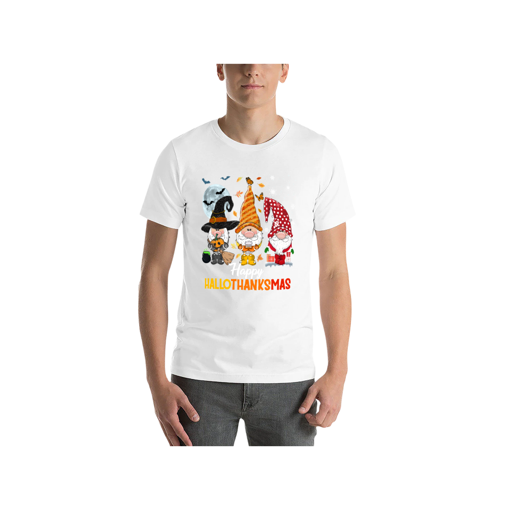 Happy HalloThanksMas Gnomes Graphic T-Shirt | 100% Cotton, Versatile for Multiple Occasions