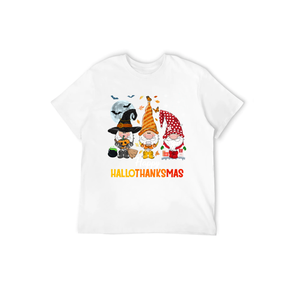 Happy HalloThanksMas Gnomes Graphic T-Shirt | 100% Cotton, Versatile for Multiple Occasions