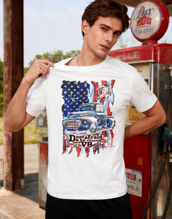 American Vintage Truck & USA Flag T-Shirt - 100% Cotton, Retro Auto Enthusiast Tee for Daily & Outdoor Occasions