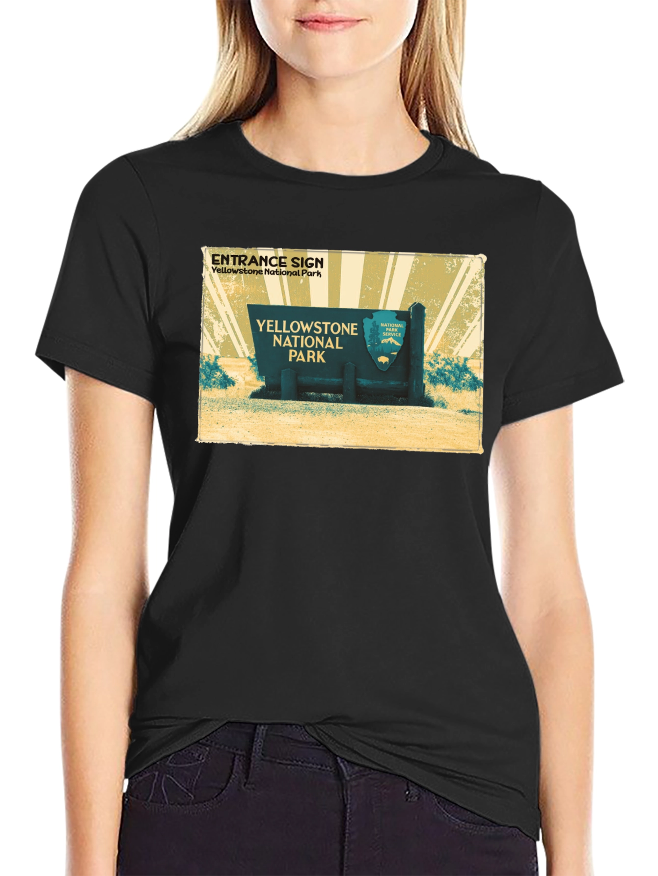Yellowstone National Park Entrance Sign Black T-Shirt