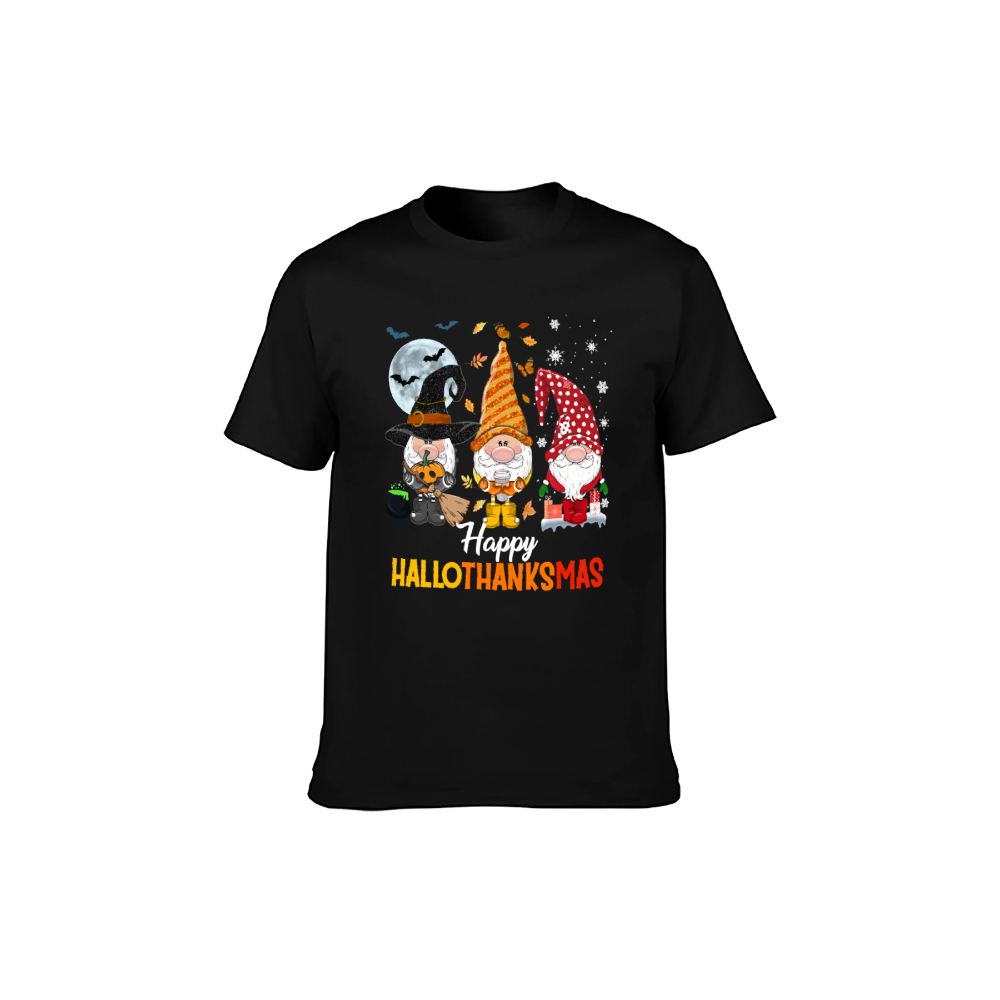 Happy HalloThanksMas Gnomes Graphic T-Shirt | 100% Cotton, Versatile for Multiple Occasions