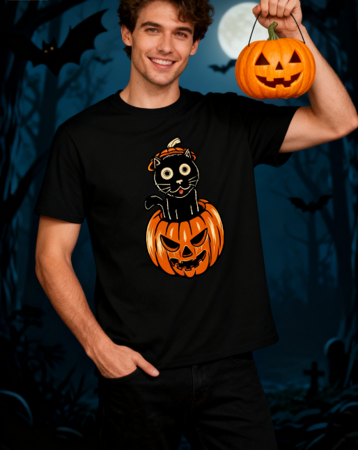 Halloween Black Cat Pumpkin 100% Cotton T-Shirt - Unisex Spooky Season Tee for All Occasions