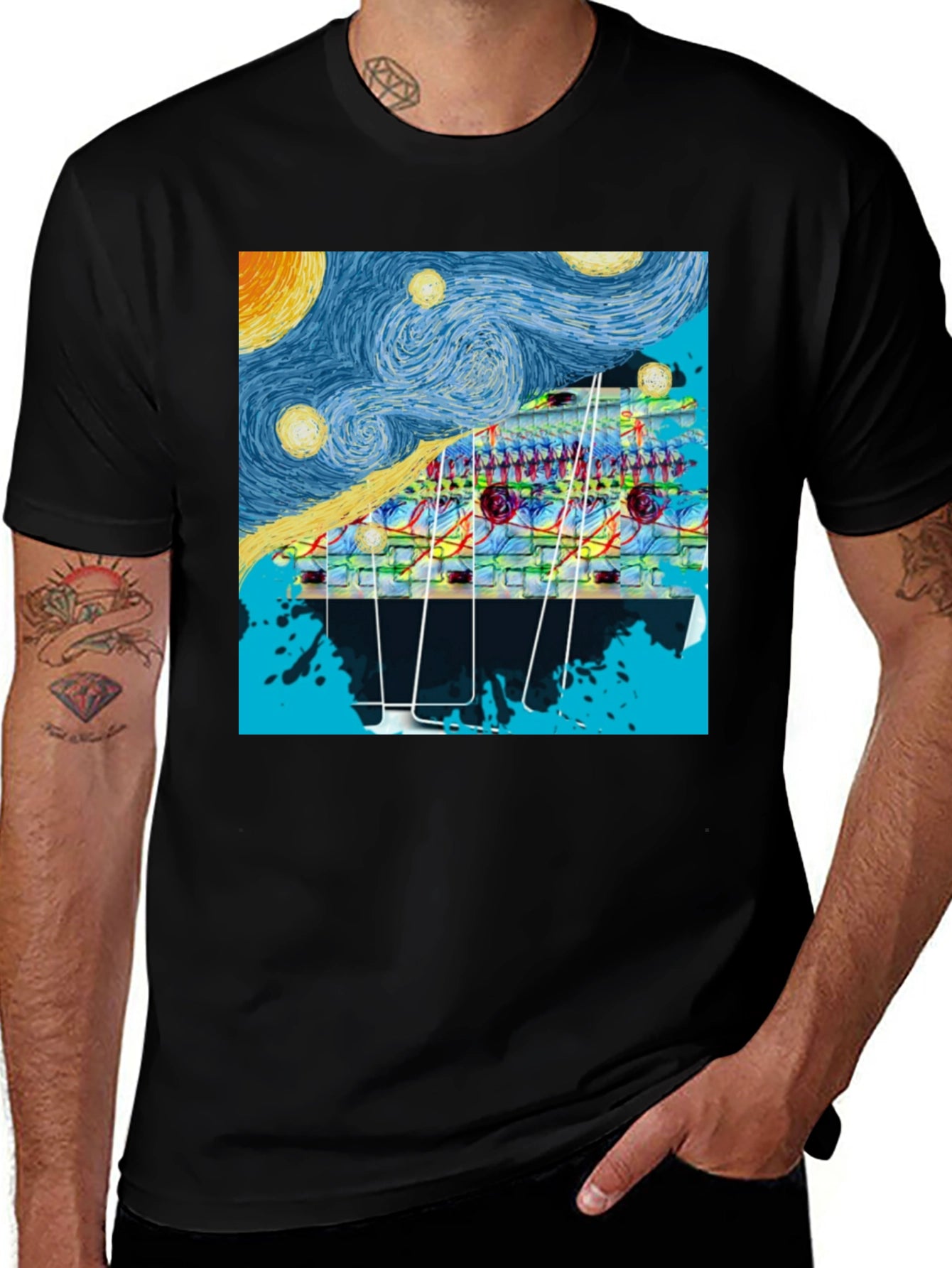 Starry Night Circuit Board Mens Black T-Shirt