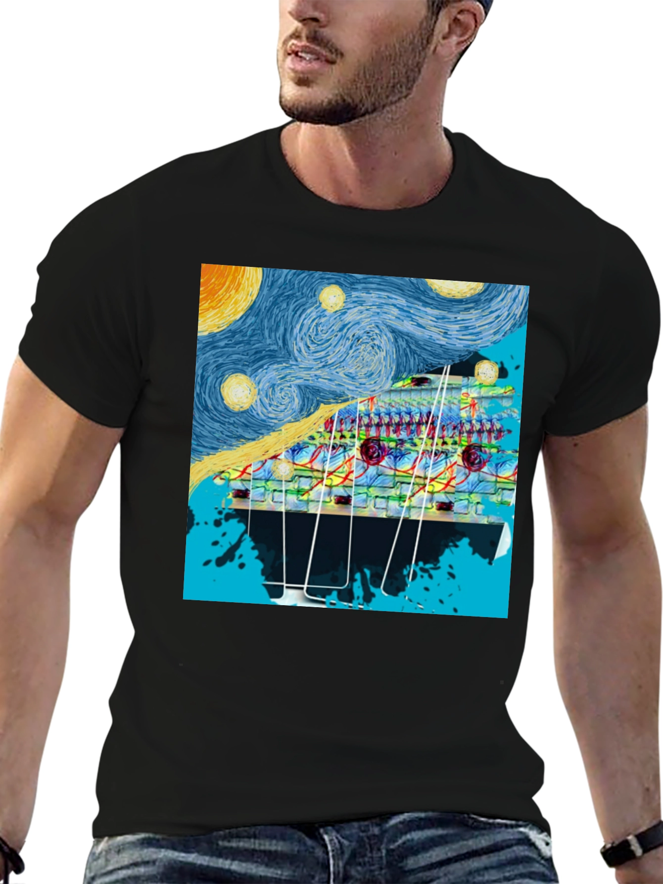 Starry Night Circuit Board Mens Black T-Shirt