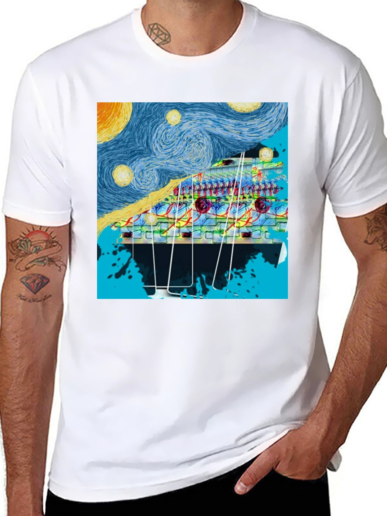 Starry Night Circuit Board Mens Black T-Shirt