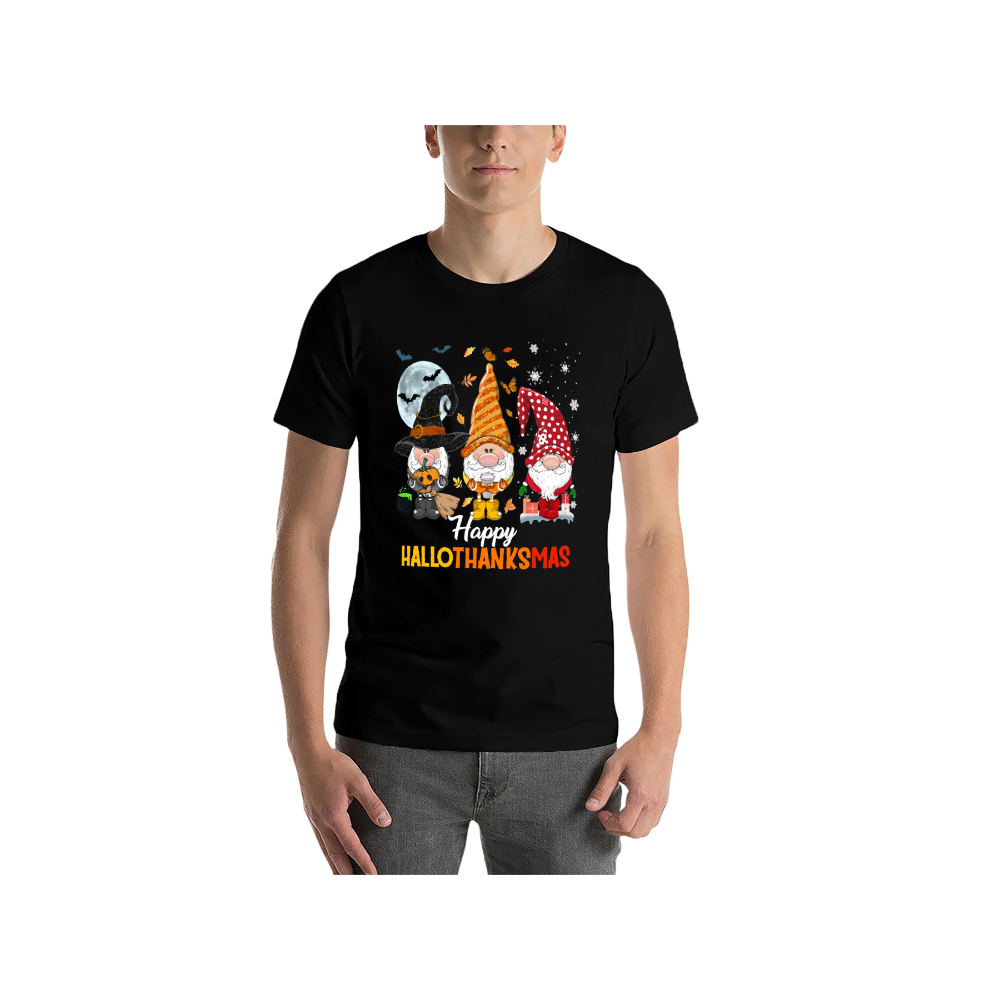 Happy HalloThanksMas Gnomes Graphic T-Shirt | 100% Cotton, Versatile for Multiple Occasions