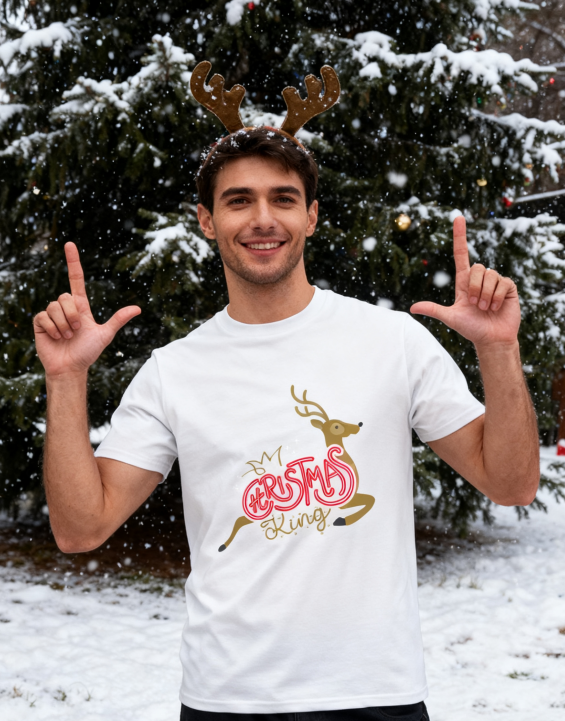 Christmas King Reindeer Neon Graphic T-Shirt - 100% Cotton, Festive Holiday Tee for Christmas Gatherings & Casual Wear