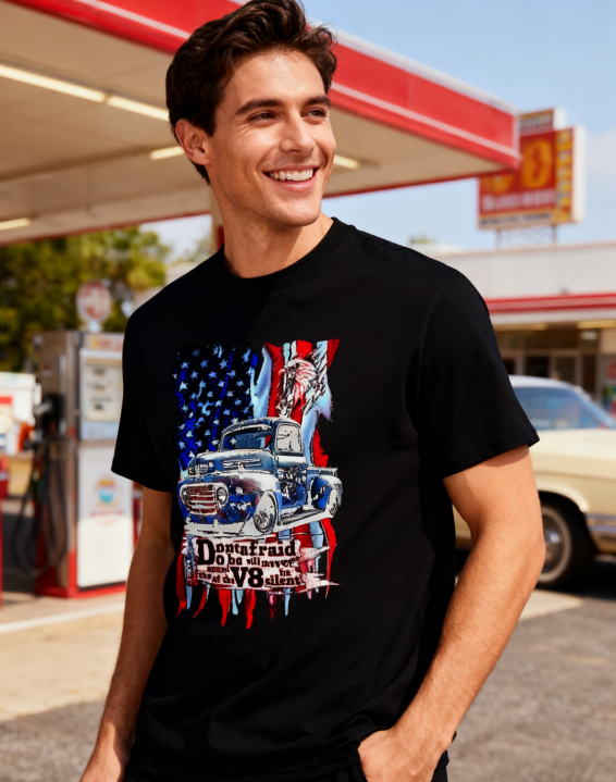 American Vintage Truck & USA Flag T-Shirt - 100% Cotton, Retro Auto Enthusiast Tee for Daily & Outdoor Occasions