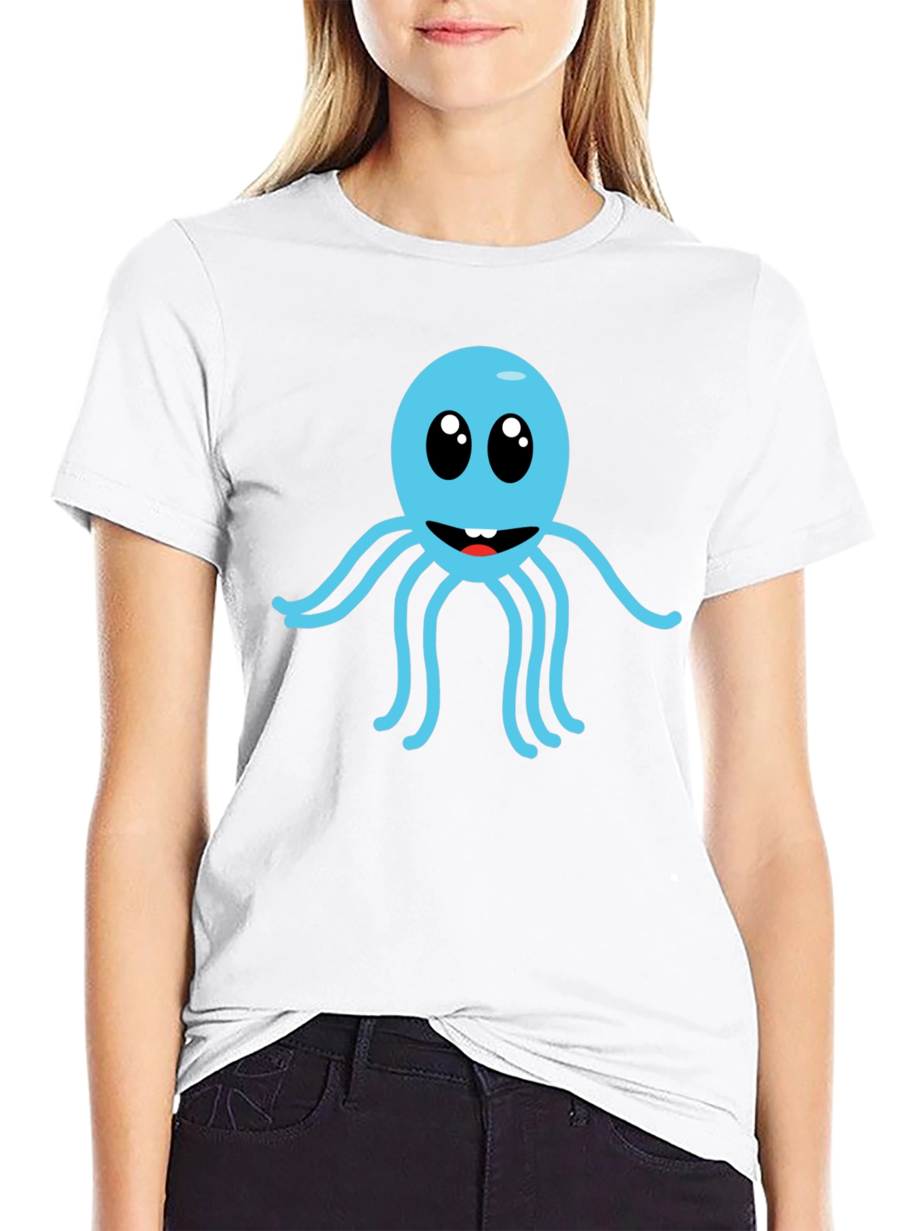 Cute Cartoon Octopus Graphic Tee - Black Cotton Shirt