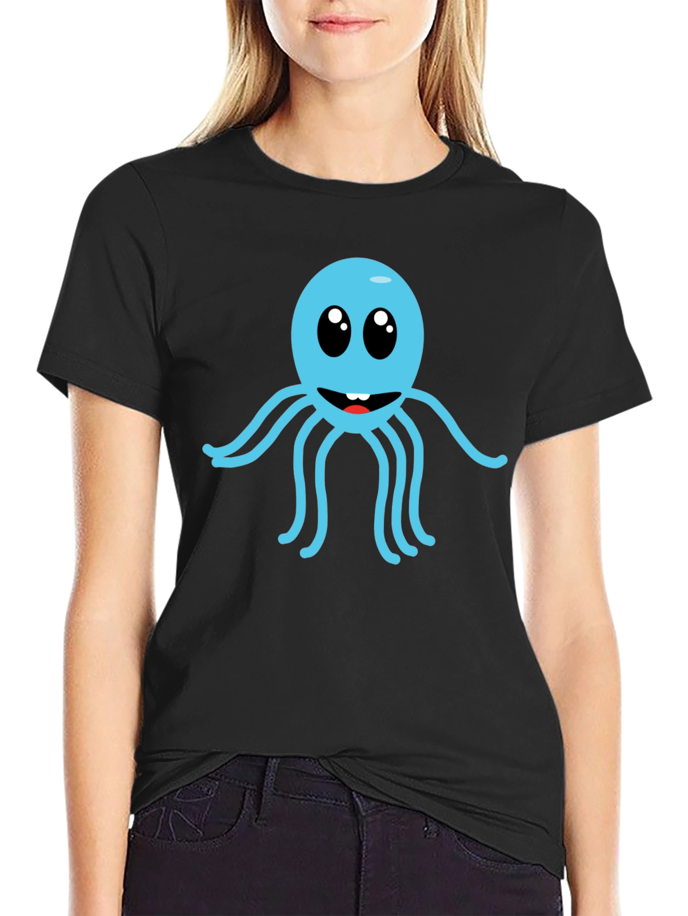 Cute Cartoon Octopus Graphic Tee - Black Cotton Shirt