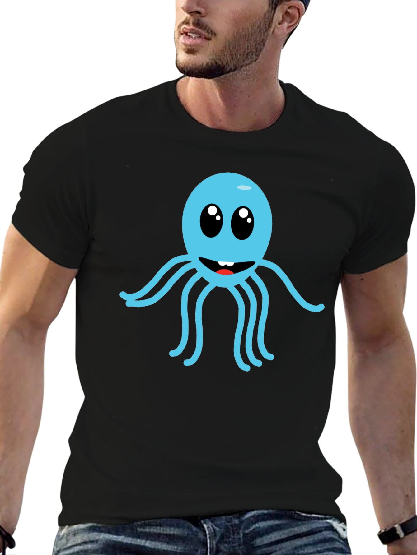 Cute Cartoon Octopus Graphic Tee - Black Cotton Shirt