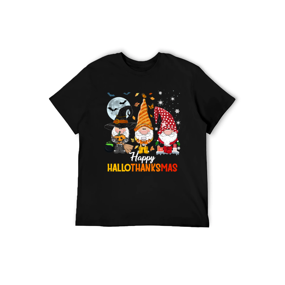 Happy HalloThanksMas Gnomes Graphic T-Shirt | 100% Cotton, Versatile for Multiple Occasions