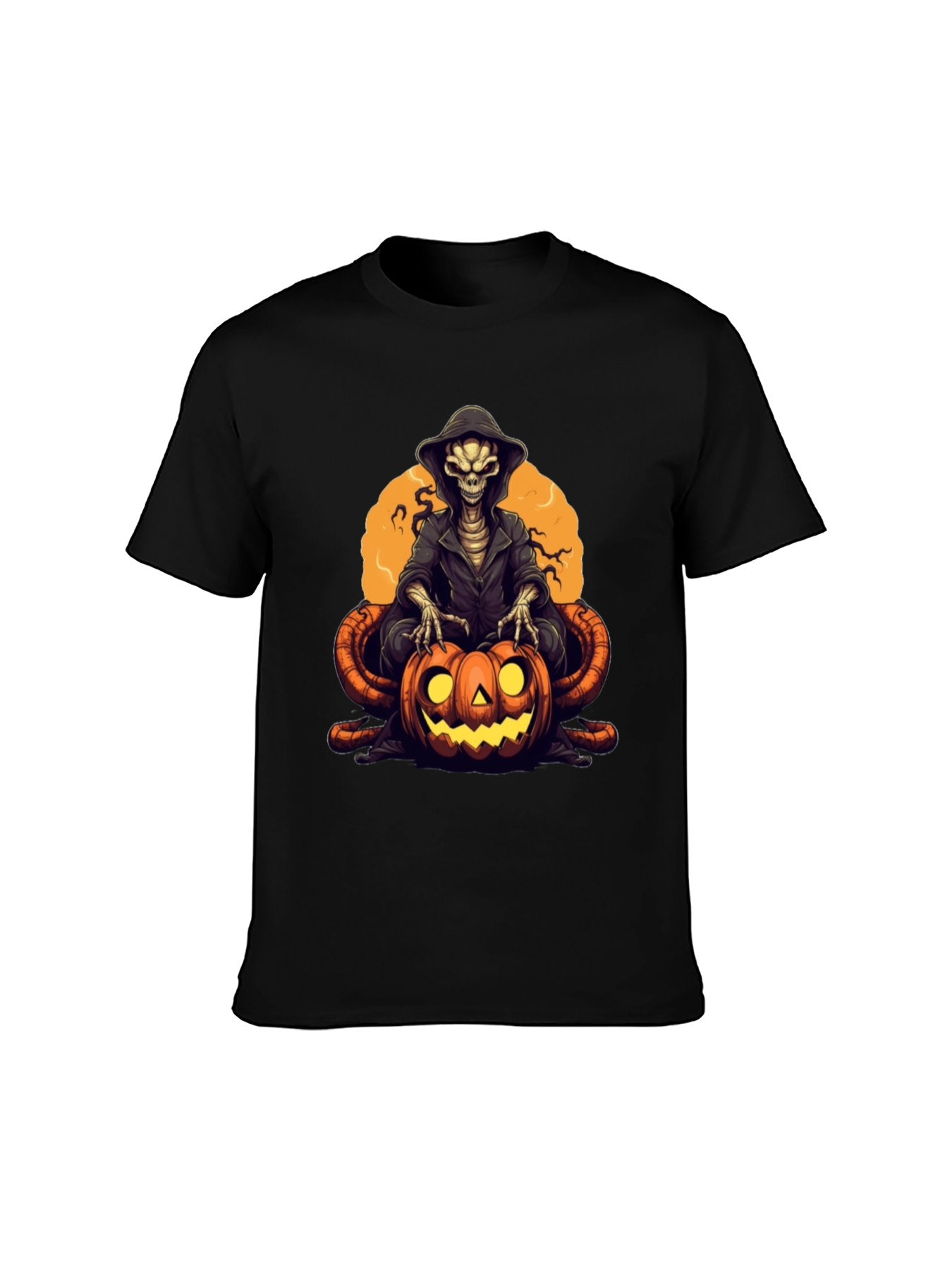 Halloween Skeleton Pumpkin Graphic T-Shirt - 100% Cotton, Versatile for Halloween & Casual Occasions. With a one-of-a-kind skeleton and pumpkin design you won't find anywhere else, get ready to be the star of the haunted night!
