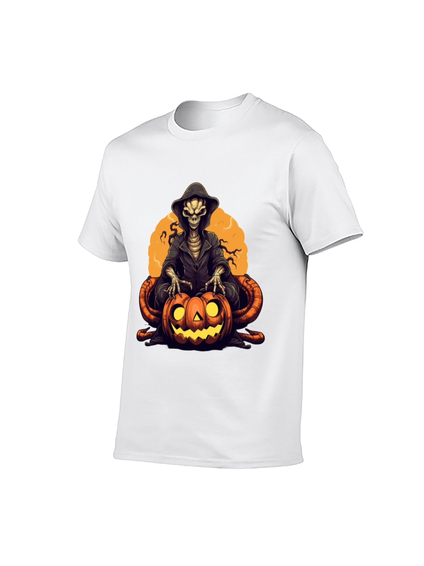 Halloween Skeleton Pumpkin Graphic T-Shirt - 100% Cotton, Versatile for Halloween & Casual Occasions. With a one-of-a-kind skeleton and pumpkin design you won't find anywhere else, get ready to be the star of the haunted night!
