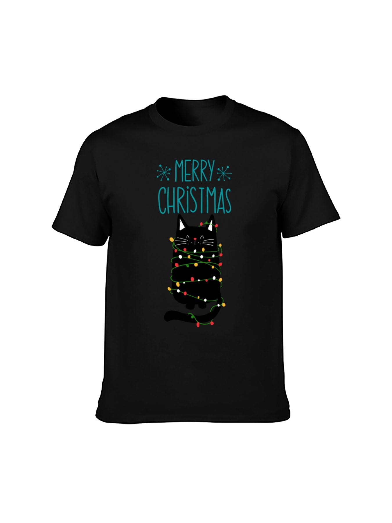Merry Christmas Black Cat String Lights T-Shirt - 100% Cotton, Cute Festive Tee for Holiday & Casual Occasions