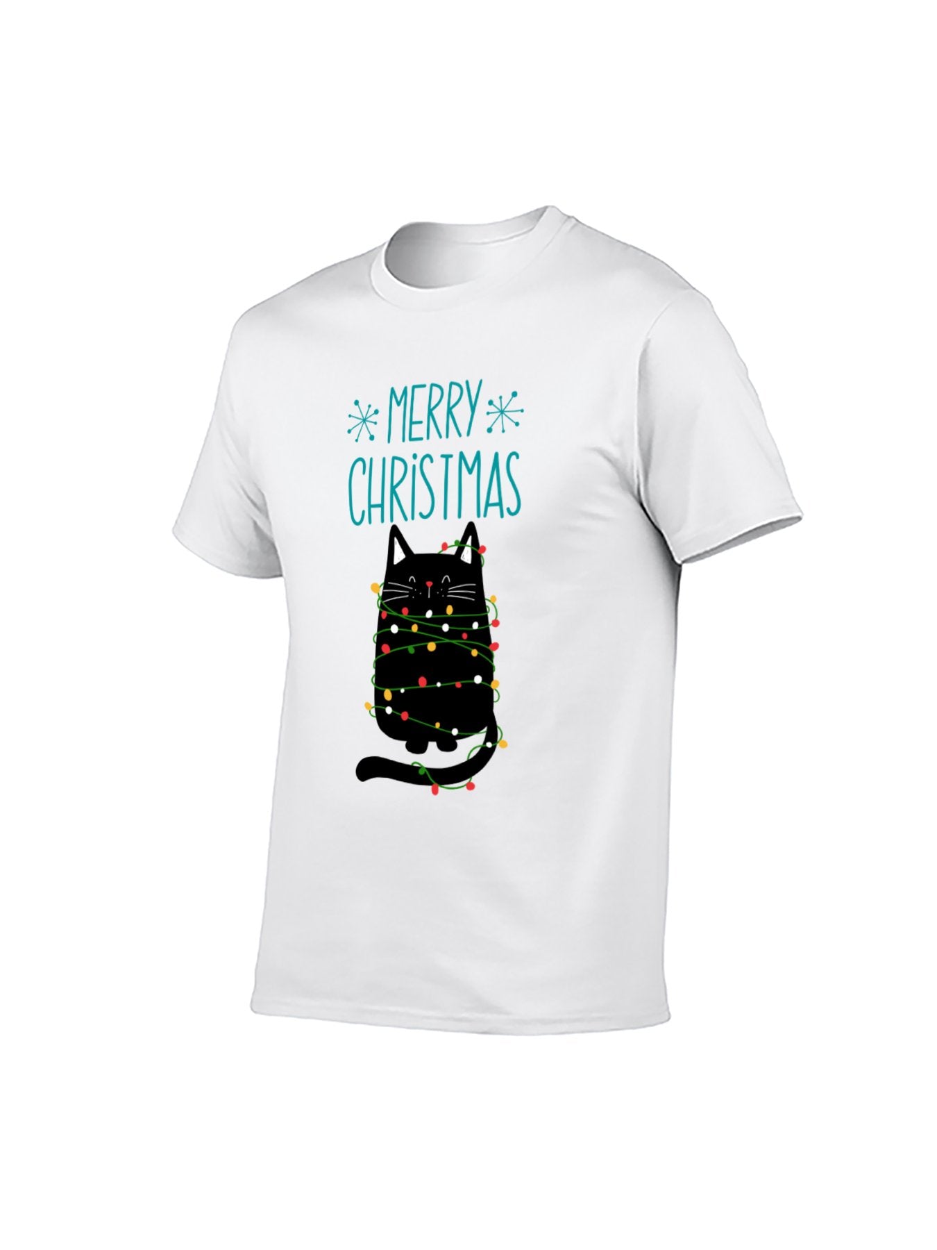 Merry Christmas Black Cat String Lights T-Shirt - 100% Cotton, Cute Festive Tee for Holiday & Casual Occasions