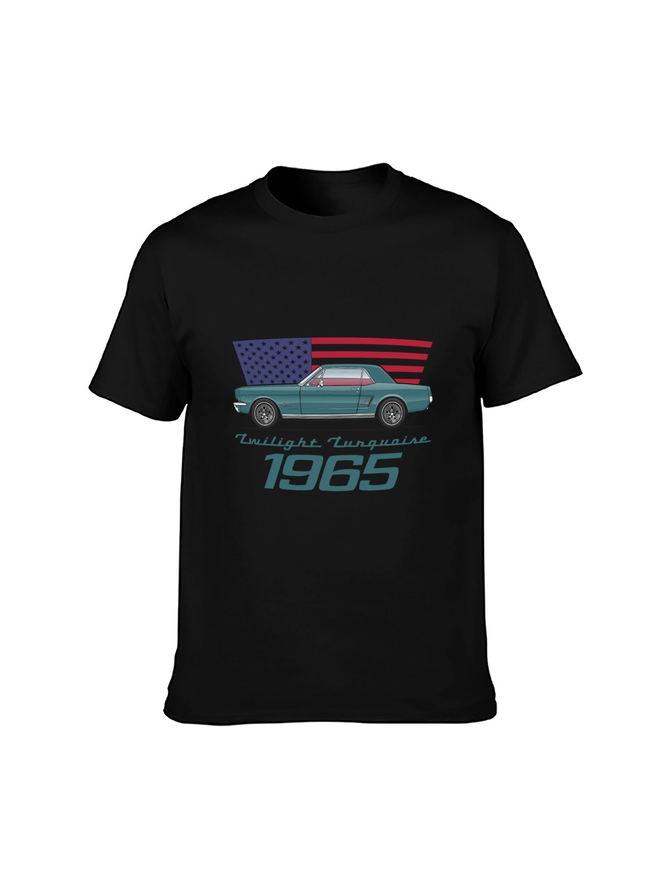 1965 Twilight Turquoise Retro Car & USA Flag T-Shirt - 100% Cotton, Classic Auto Enthusiast Tee for Car Shows & Daily Occasions