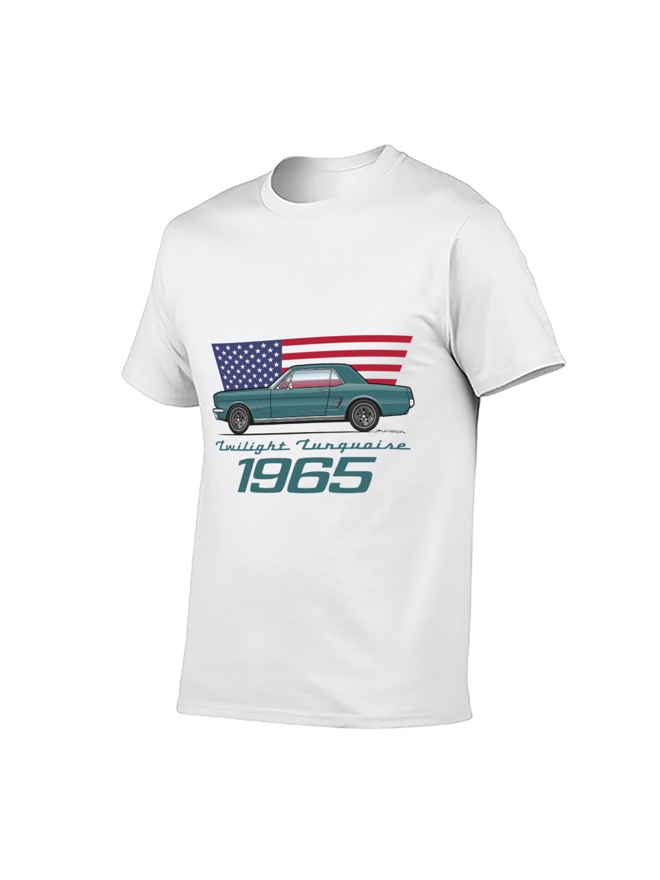 1965 Twilight Turquoise Retro Car & USA Flag T-Shirt - 100% Cotton, Classic Auto Enthusiast Tee for Car Shows & Daily Occasions