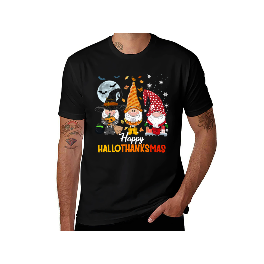 Happy HalloThanksMas Gnomes Graphic T-Shirt | 100% Cotton, Versatile for Multiple Occasions