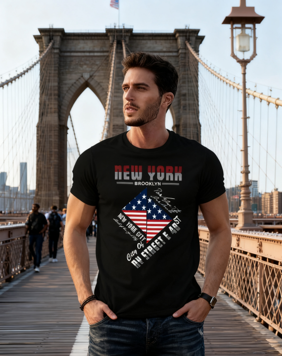 New York Brooklyn American Flag T-Shirt - 100% Cotton, Retro Urban Tee for Travel, Casual Wear & City Adventures