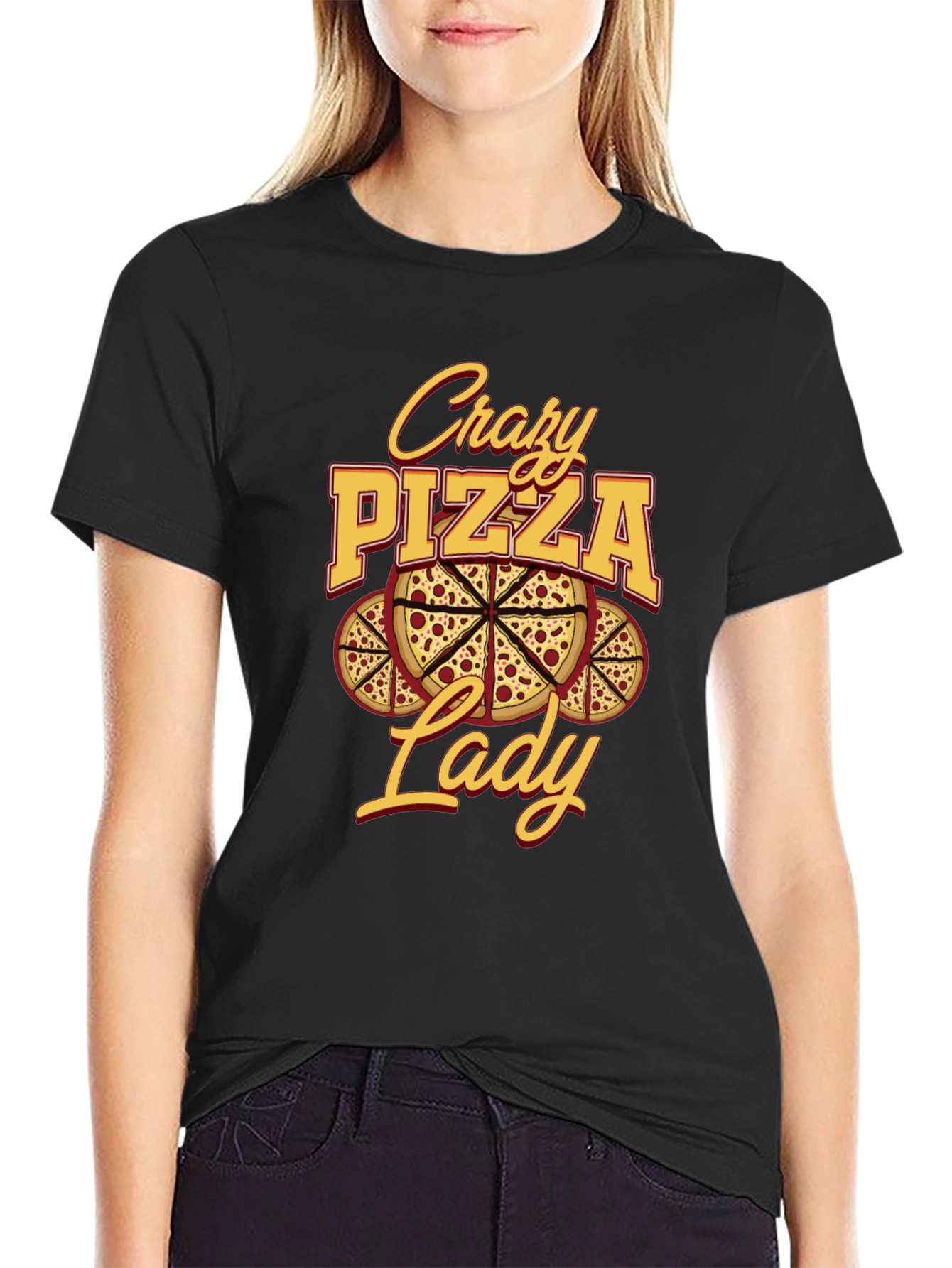 Crazy Pizza Lady Graphic Tee - Unisex Black T-Shirt
