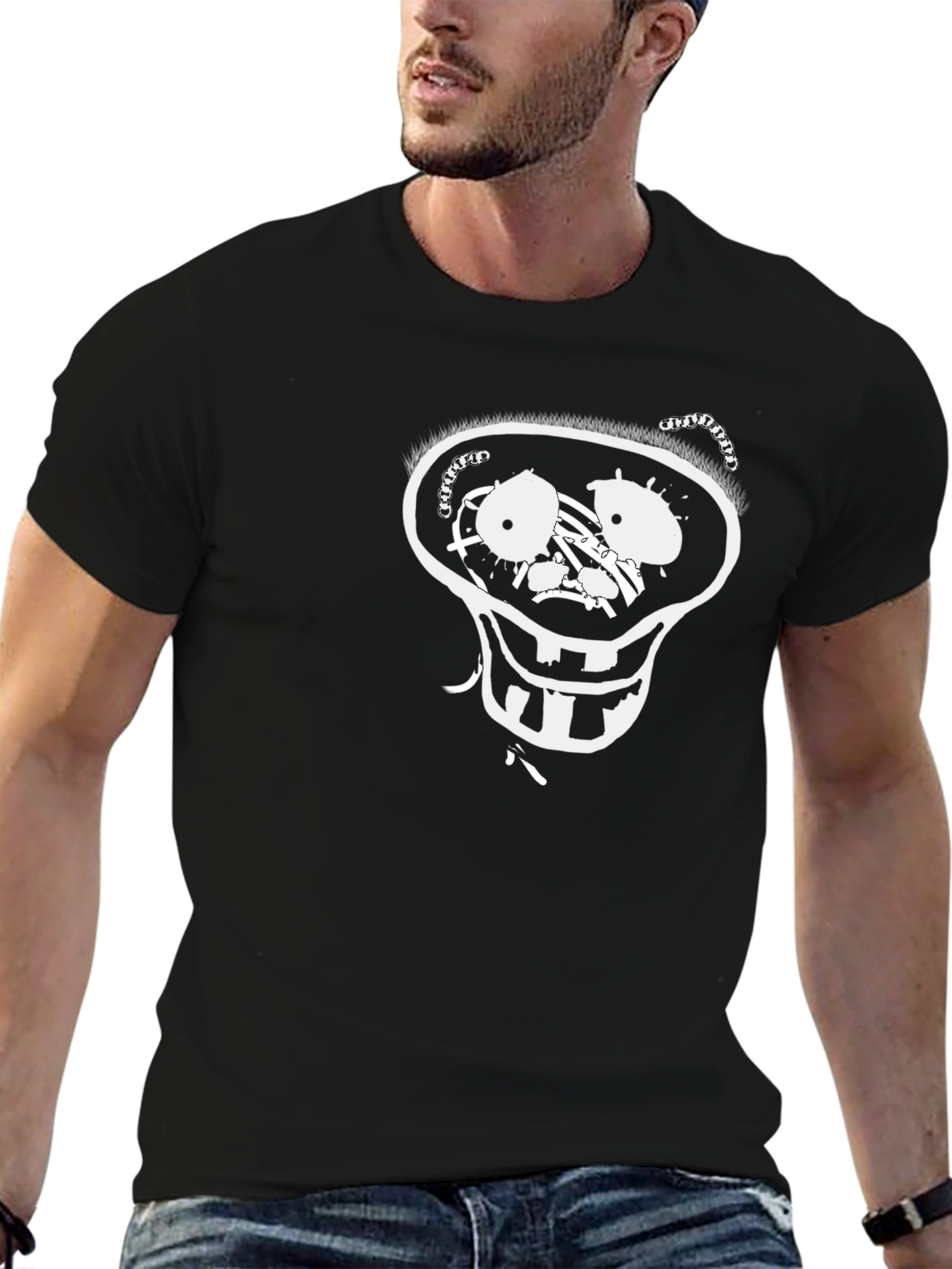 Mens Black T-Shirt with Cartoon Skull Design