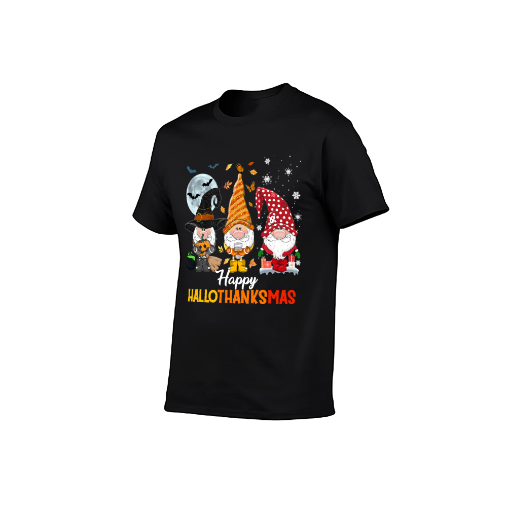 Happy HalloThanksMas Gnomes Graphic T-Shirt | 100% Cotton, Versatile for Multiple Occasions