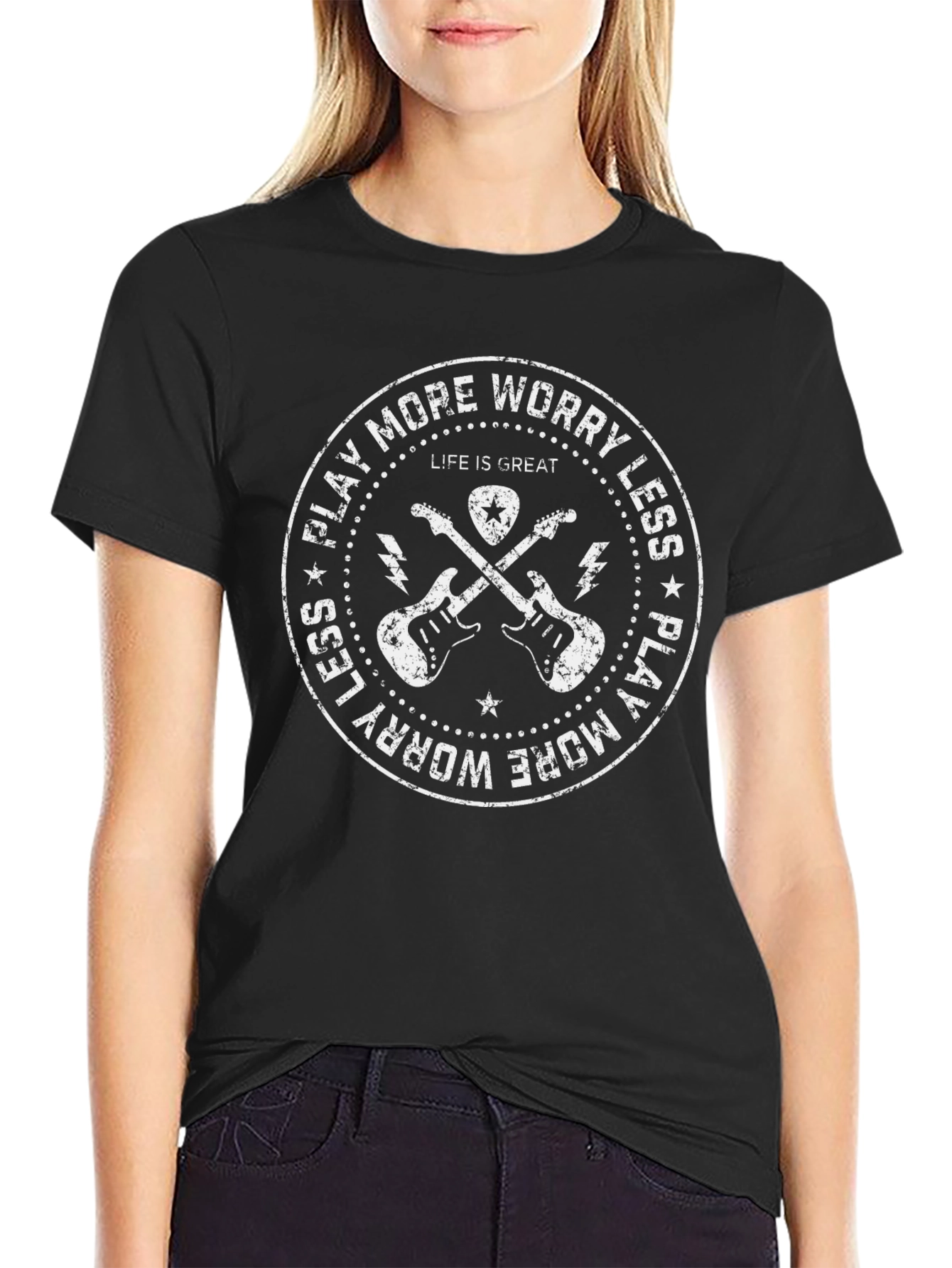 Play More Worry Less Black Graphic Tee