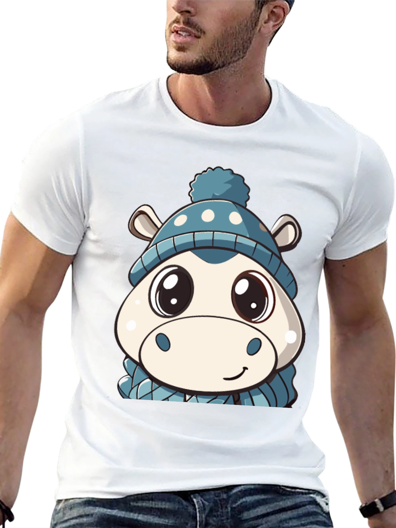 Cute Hippo in Hat Graphic Black T-Shirt