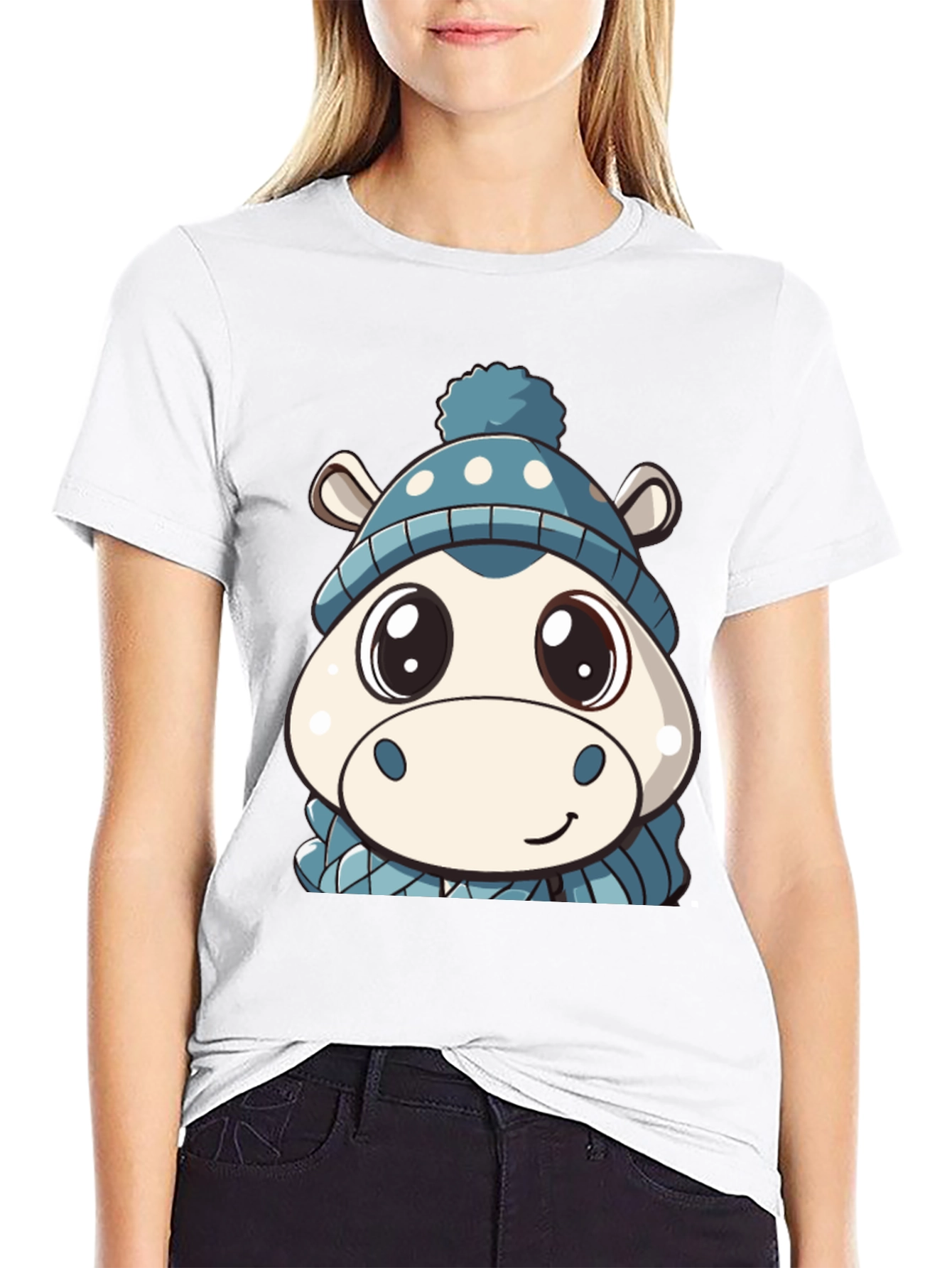 Cute Hippo in Hat Graphic Black T-Shirt