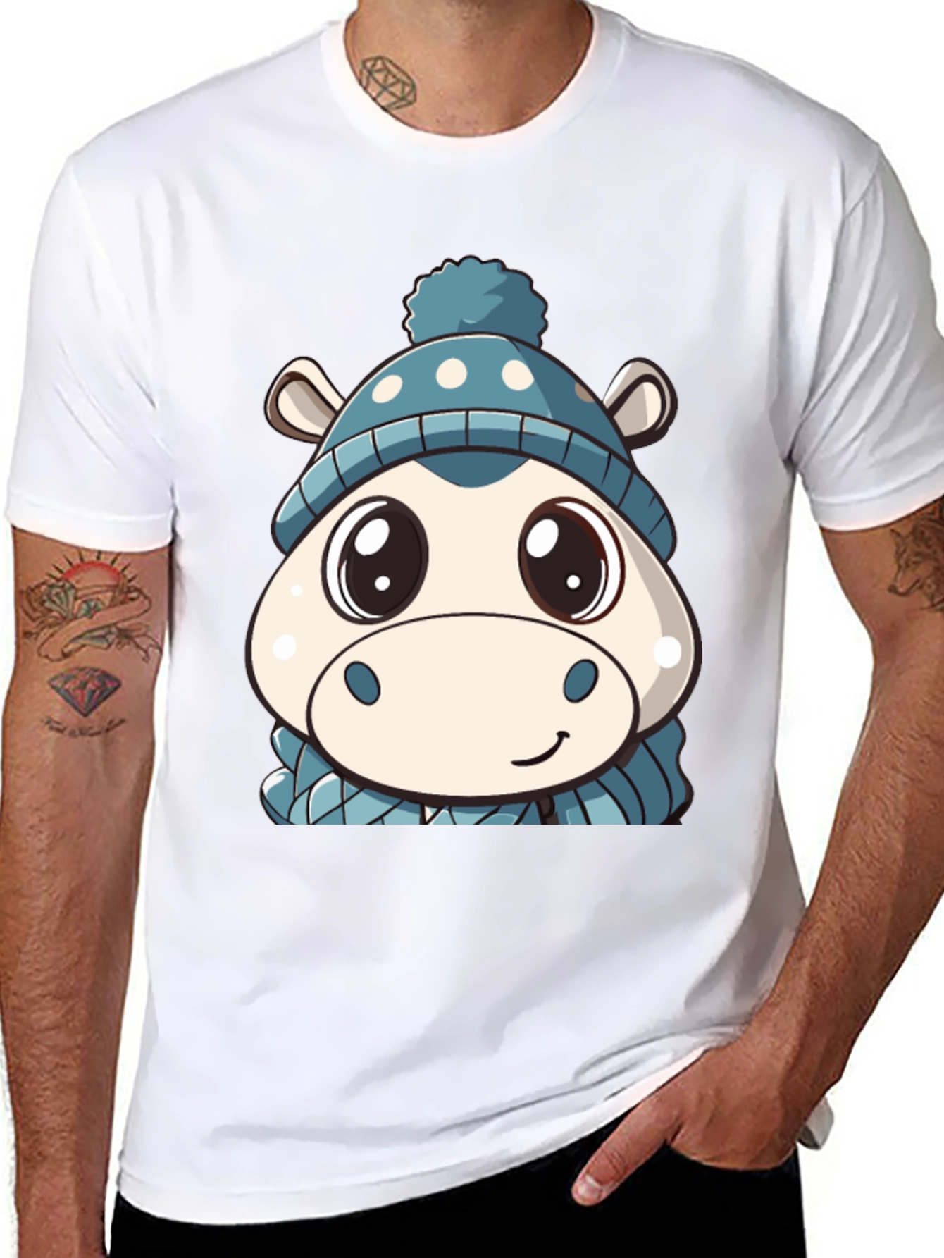 Cute Hippo in Hat Graphic Black T-Shirt