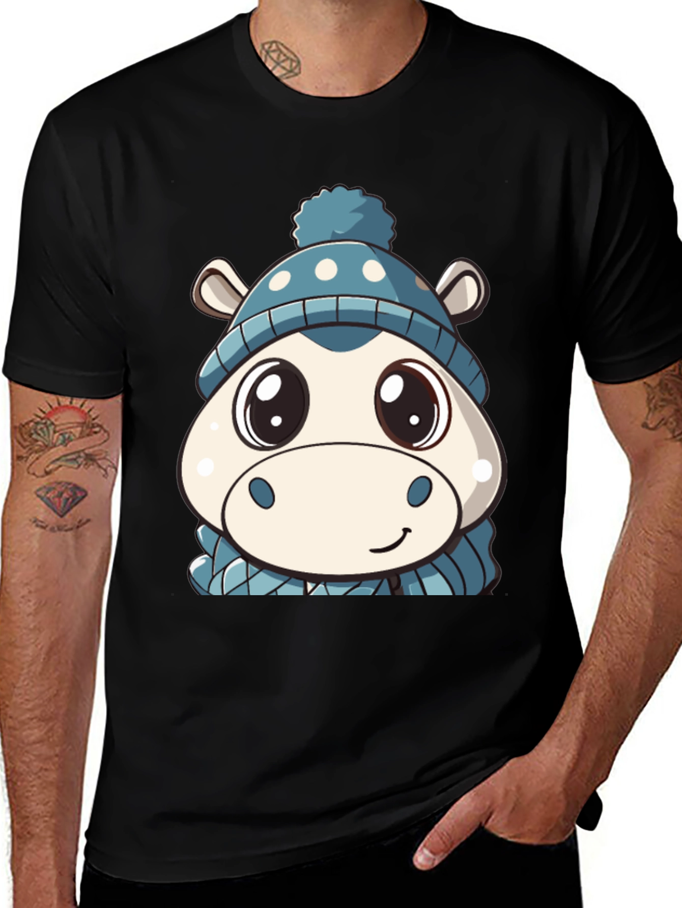Cute Hippo in Hat Graphic Black T-Shirt