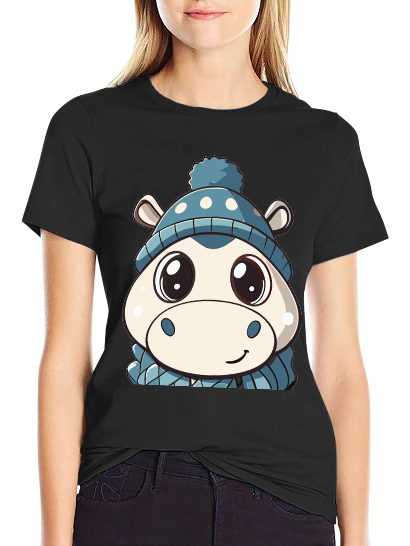 Cute Hippo in Hat Graphic Black T-Shirt