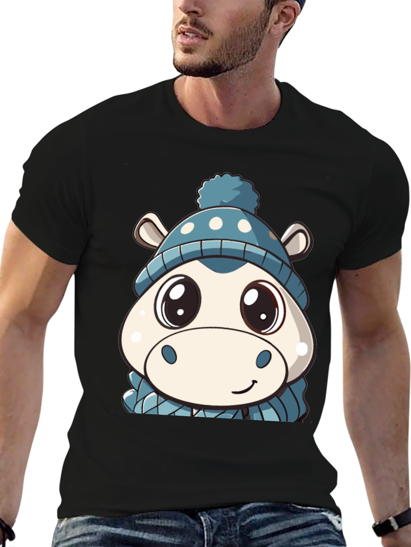 Cute Hippo in Hat Graphic Black T-Shirt