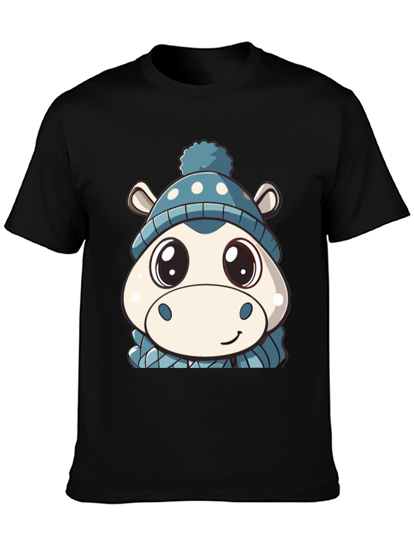 Cute Hippo in Hat Graphic Black T-Shirt