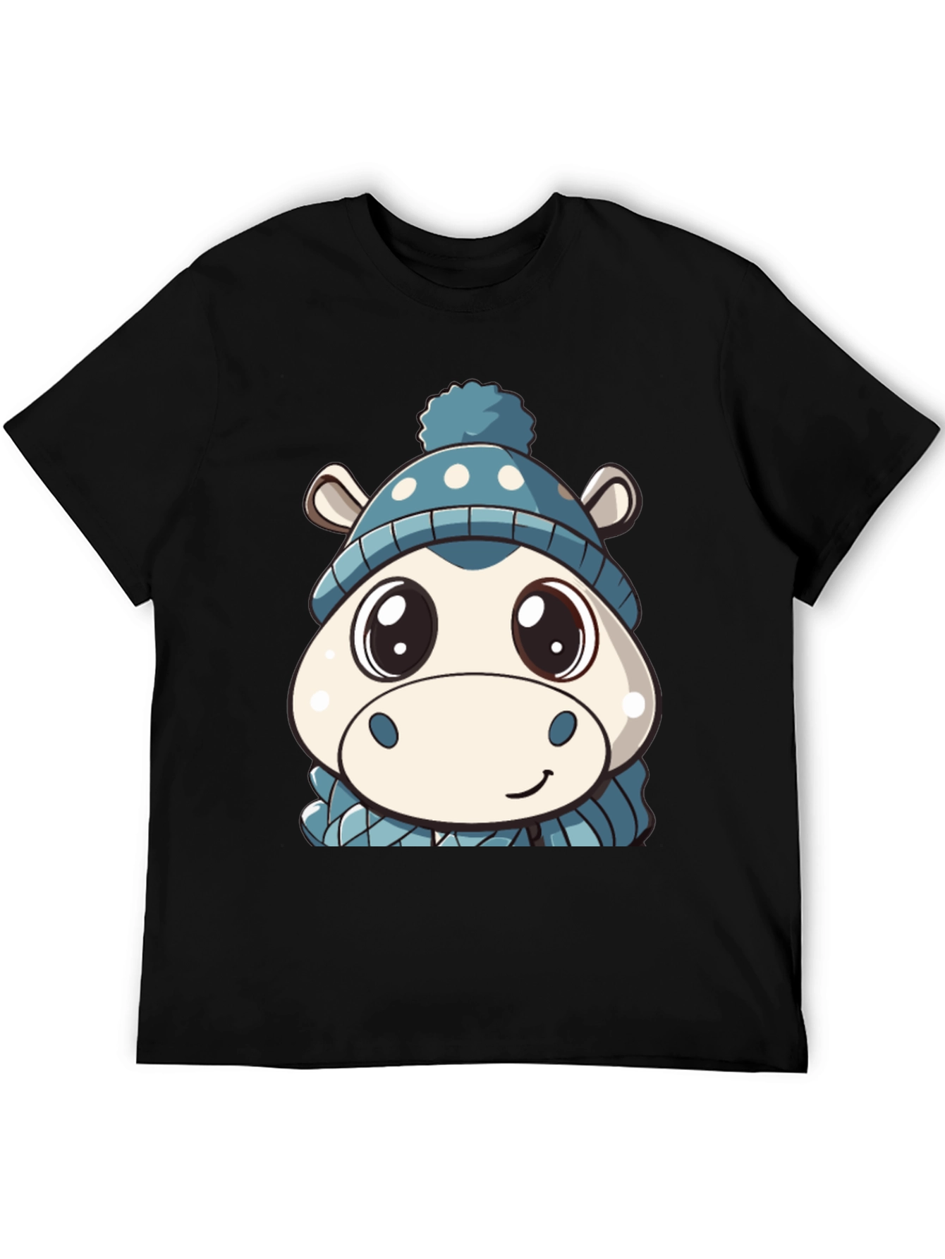 Cute Hippo in Hat Graphic Black T-Shirt