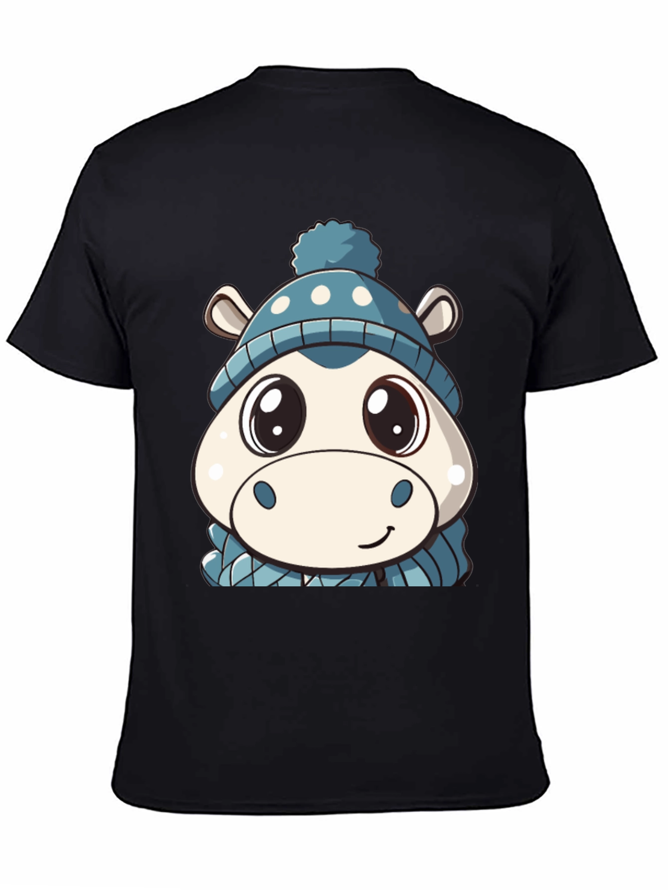 Cute Hippo in Hat Graphic Black T-Shirt
