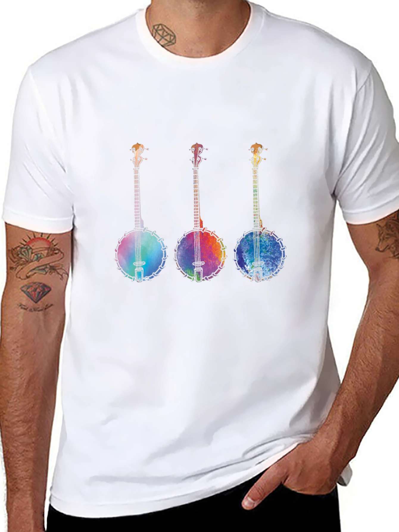 Rainbow Banjo Graphic Tee - Black Cotton Shirt
