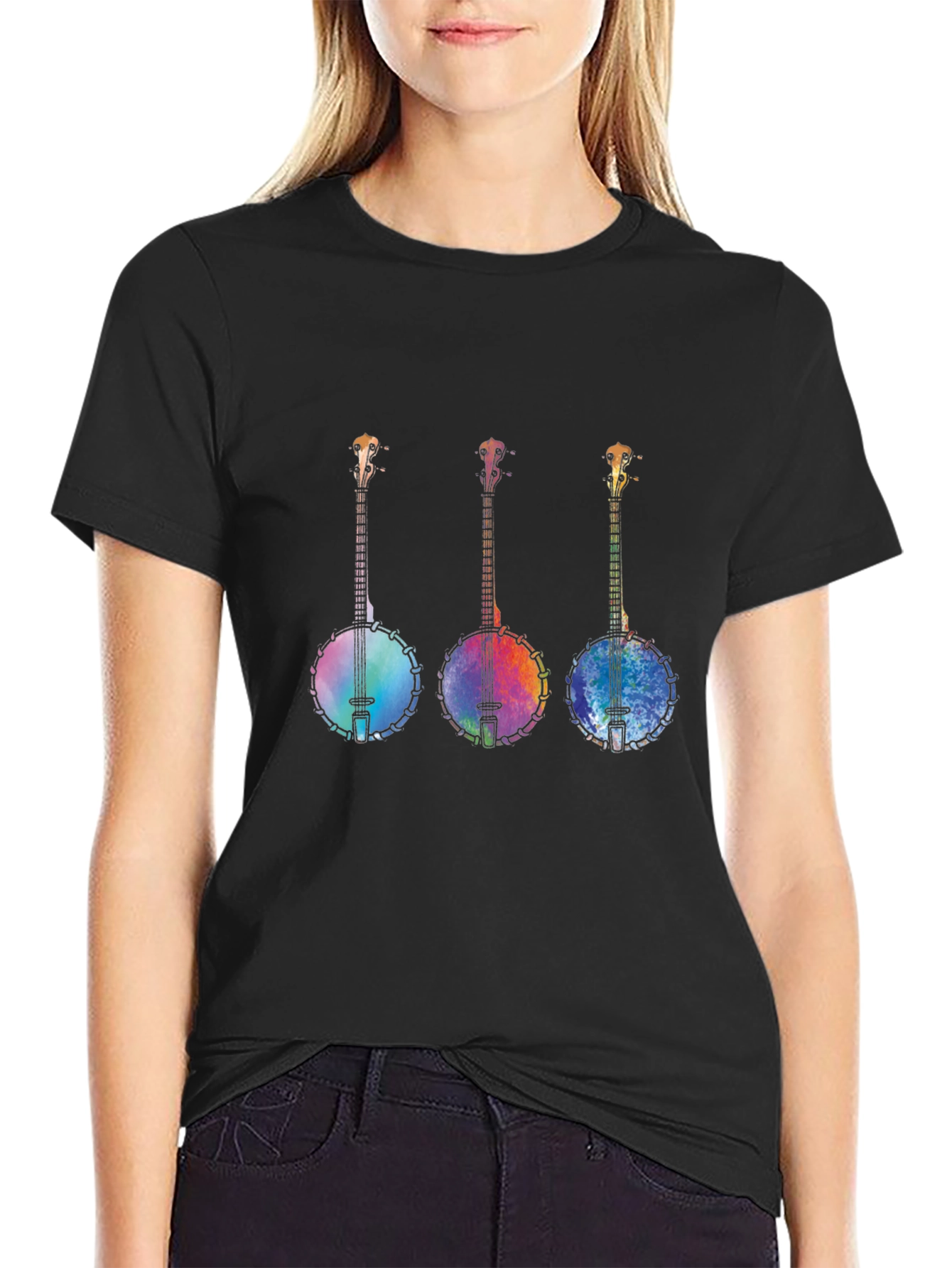 Rainbow Banjo Graphic Tee - Black Cotton Shirt