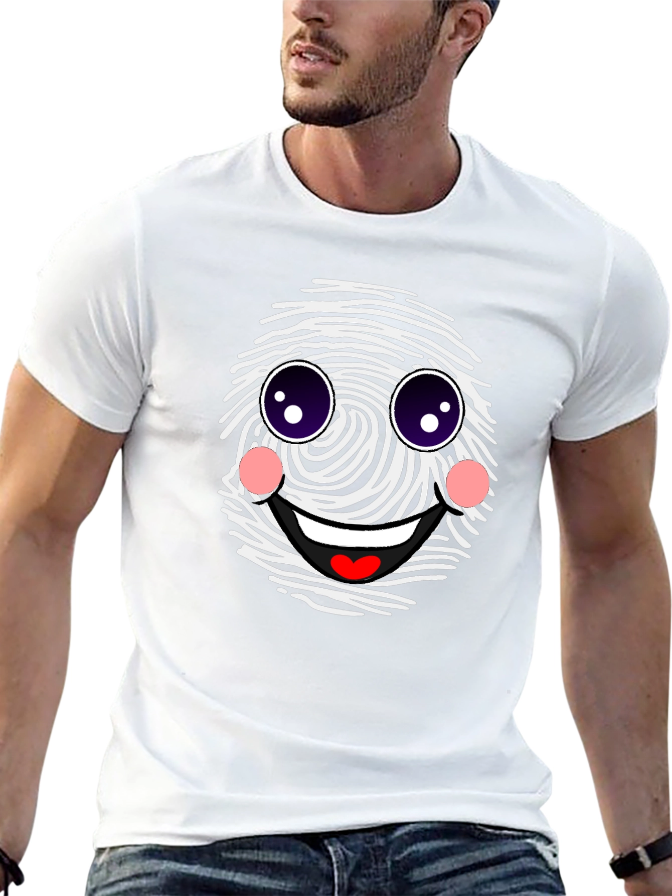 Funny Fingerprint Face Graphic Tee - Black Casual Shirt