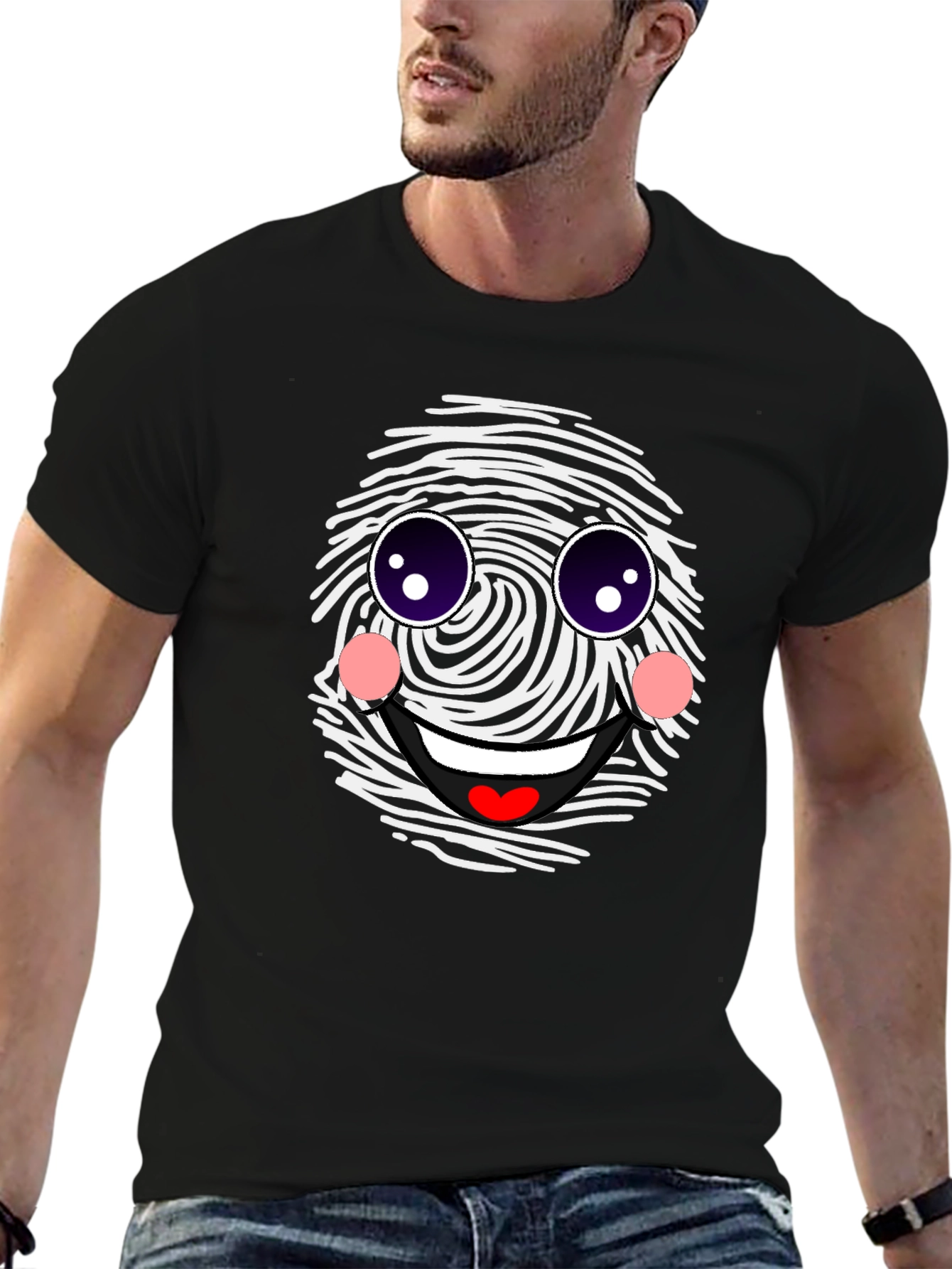 Funny Fingerprint Face Graphic Tee - Black Casual Shirt