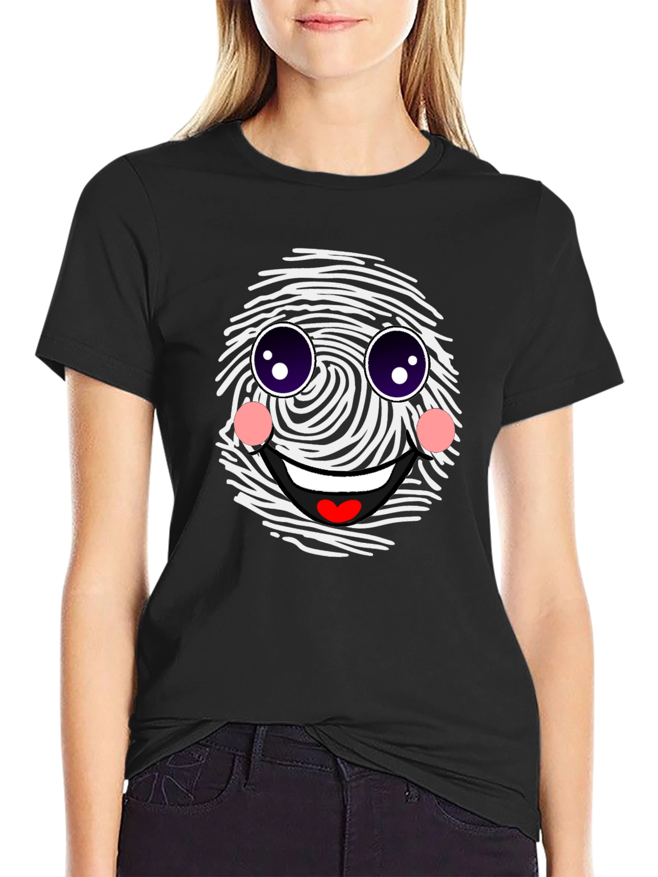Funny Fingerprint Face Graphic Tee - Black Casual Shirt