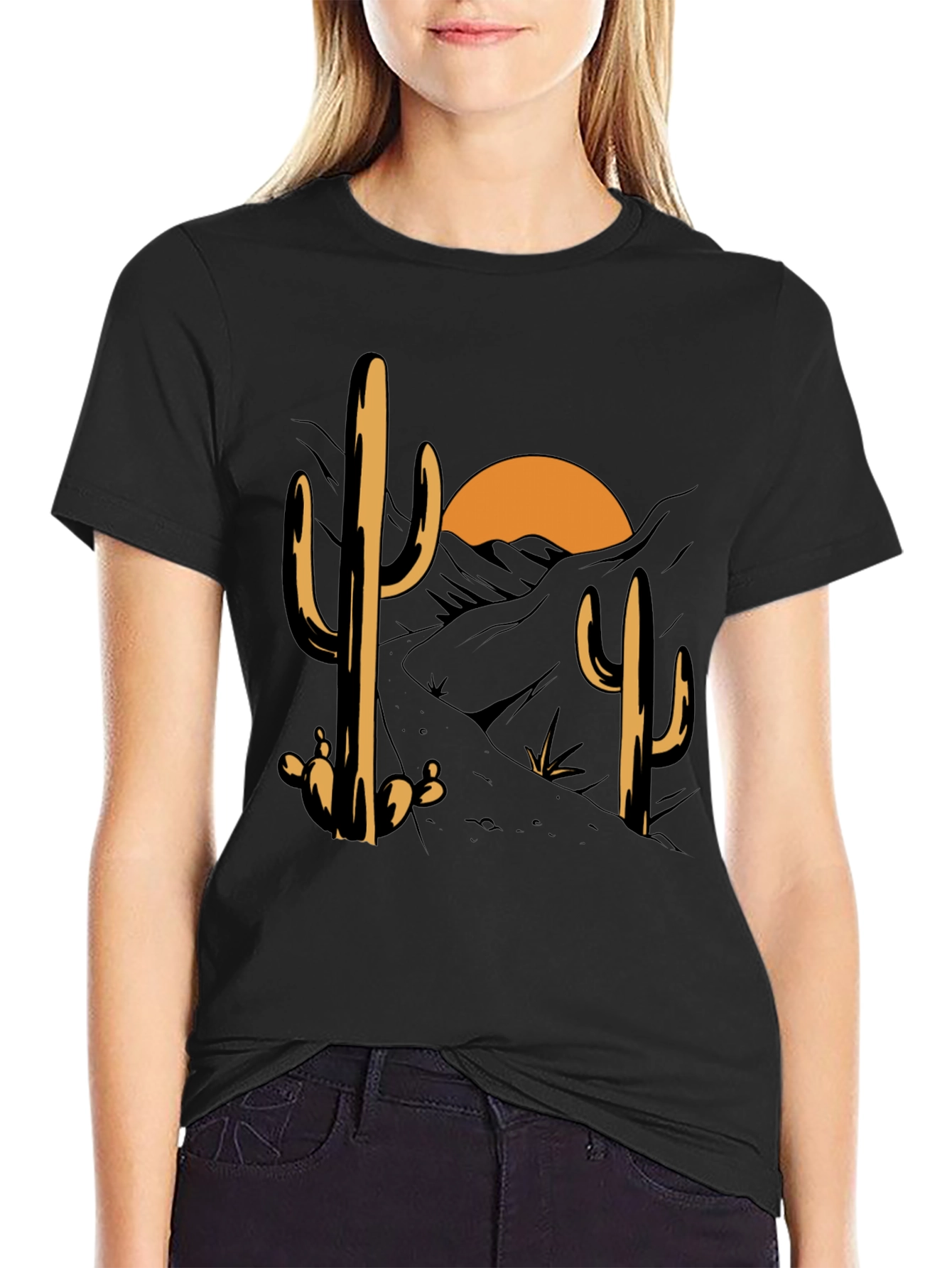 Cactus Desert Sunset Graphic Tee - Black Cotton Blend
