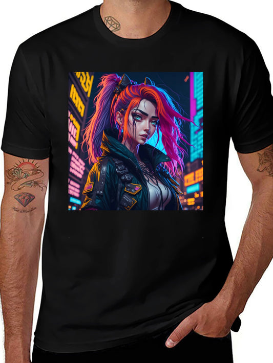 Cyberpunk Girl Graphic Print Black T-Shirt