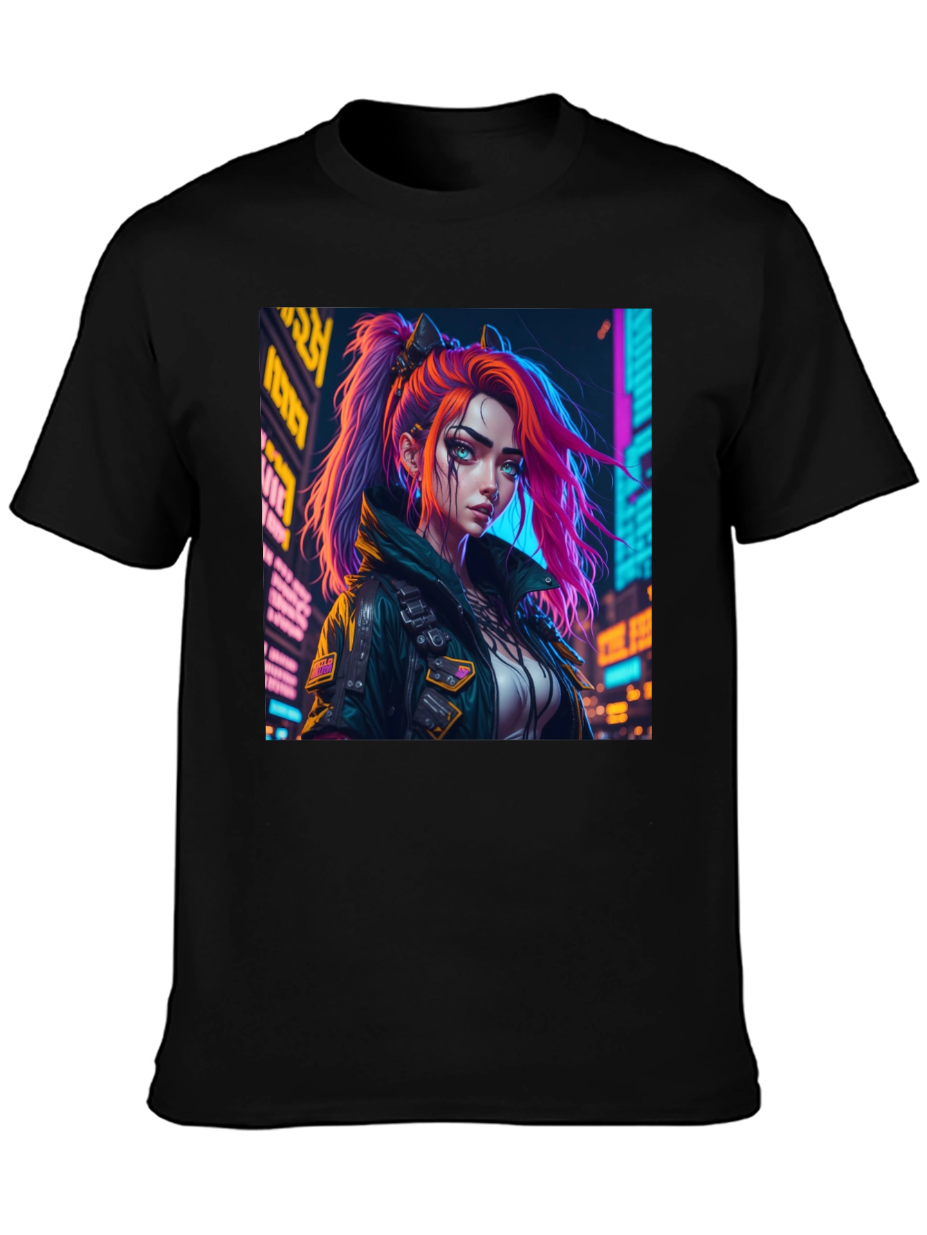 Cyberpunk Girl Graphic Print Black T-Shirt
