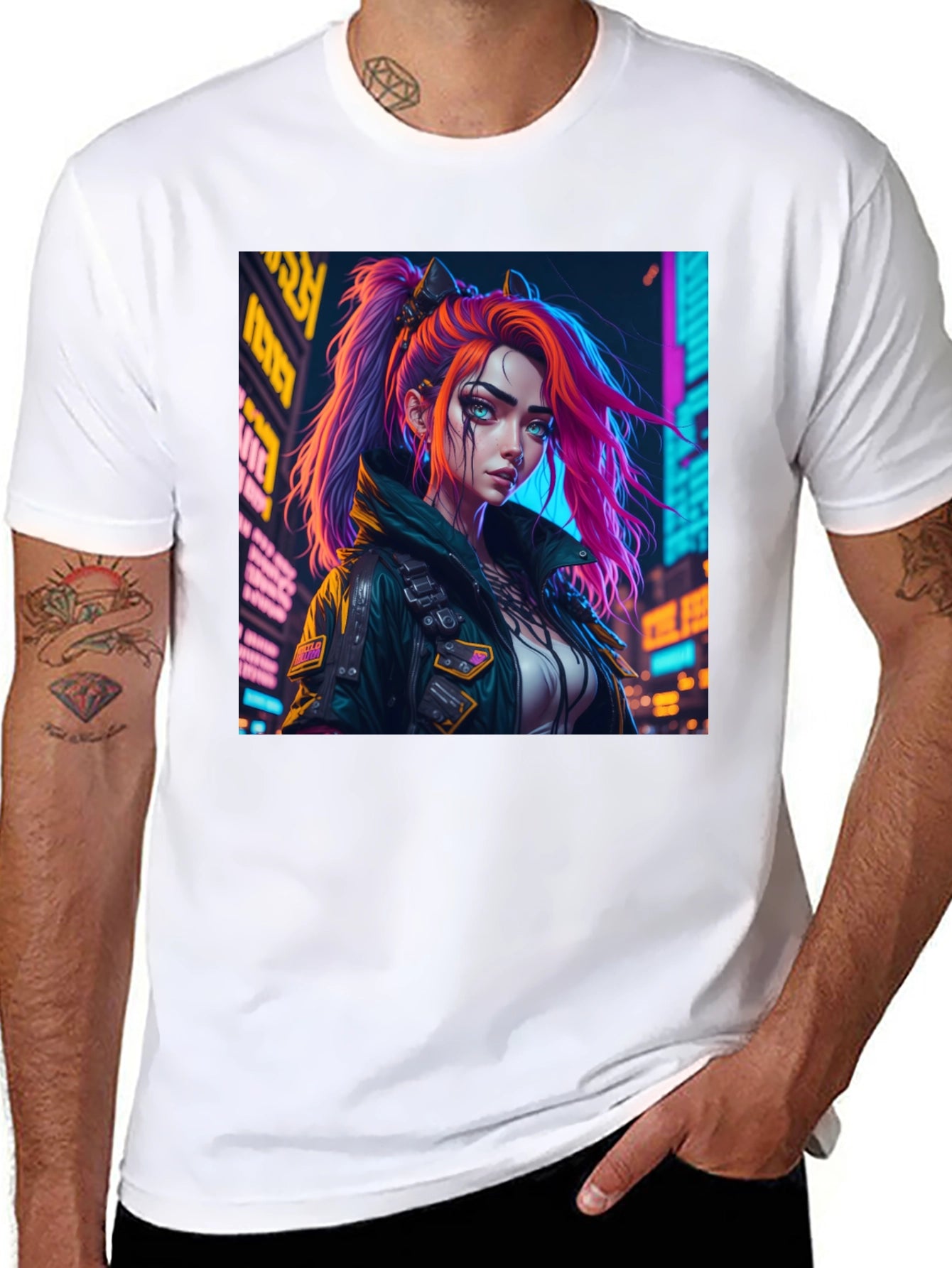 Cyberpunk Girl Graphic Print Black T-Shirt