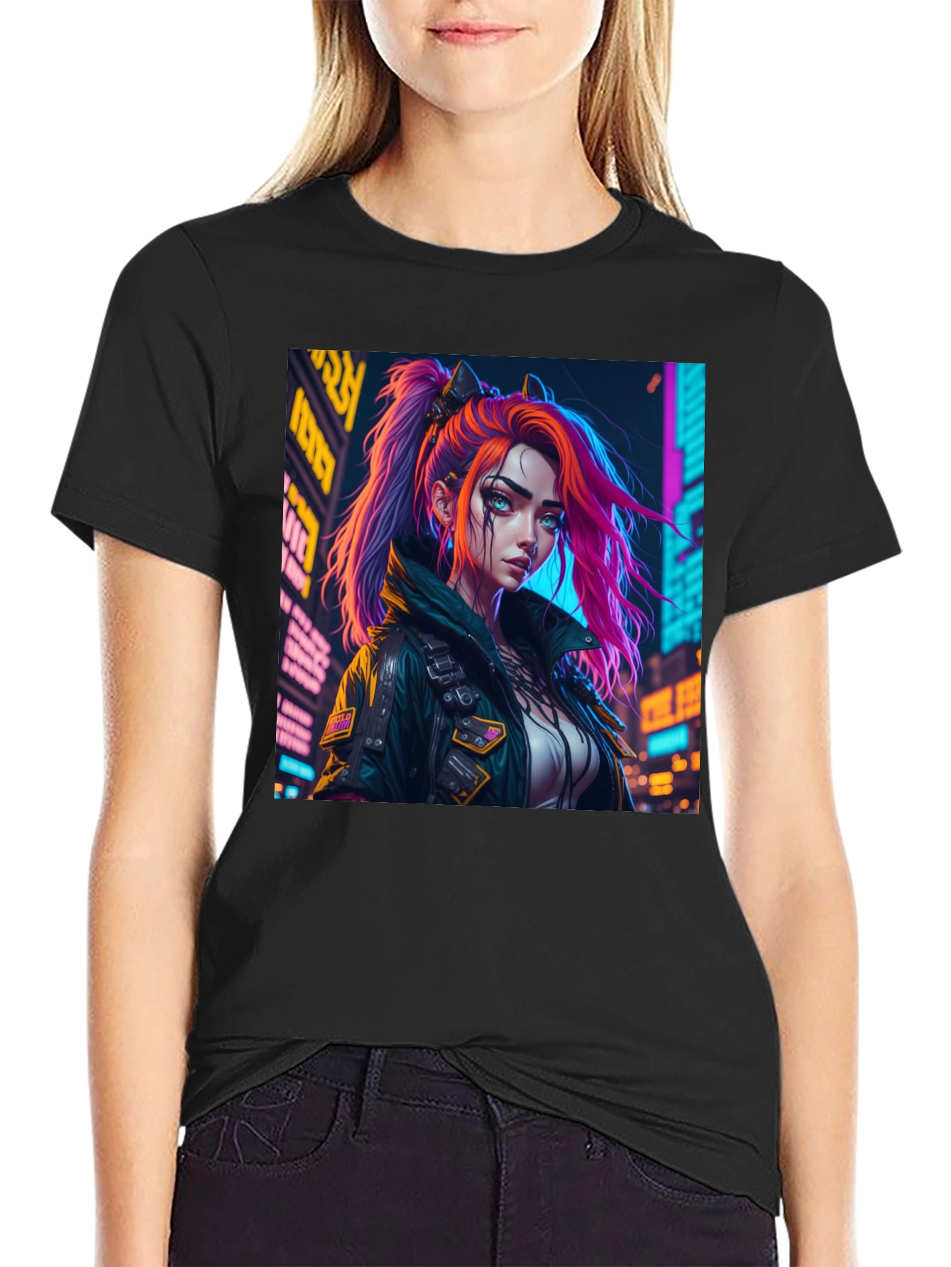 Cyberpunk Girl Graphic Print Black T-Shirt