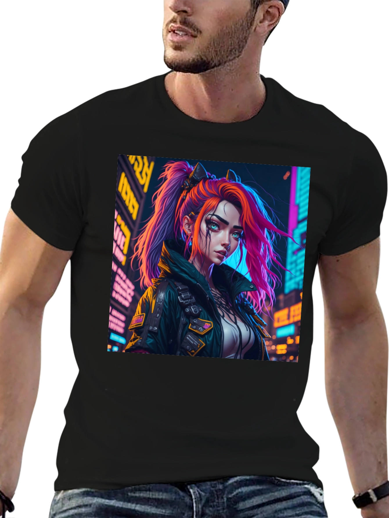Cyberpunk Girl Graphic Print Black T-Shirt